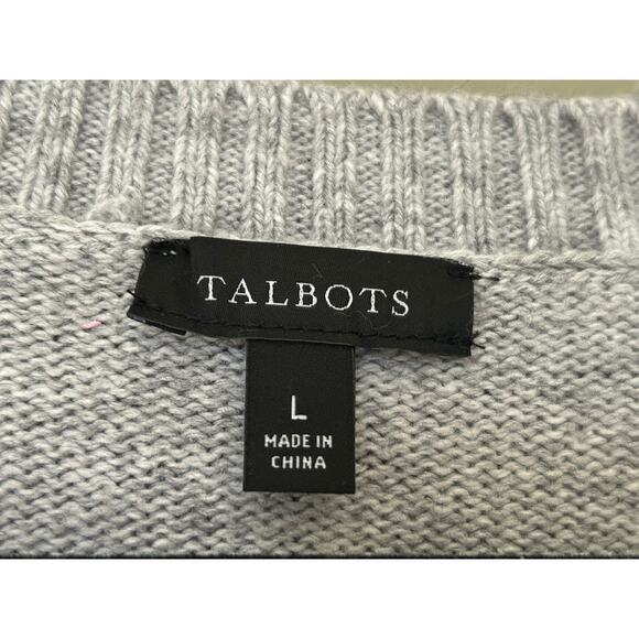 Talbots Holiday Holly Intarsia Crew Sweater Embroidered Gray Cotton Wool Large - Picture 5 of 8